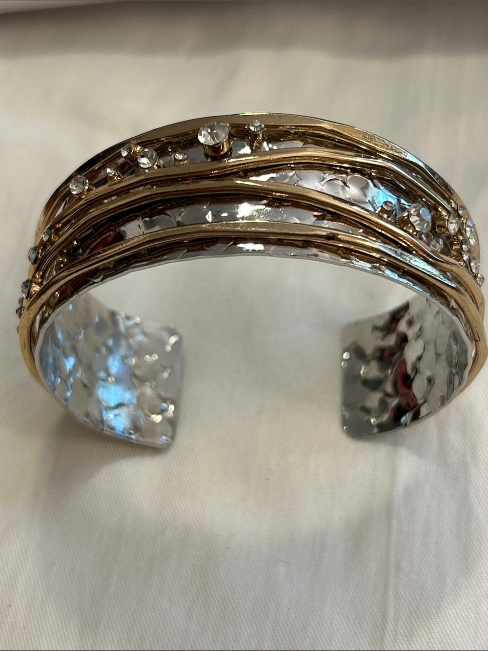 Two-Tone Hammered Cuff Bracelet with Crystal Accents - Silver & Gold